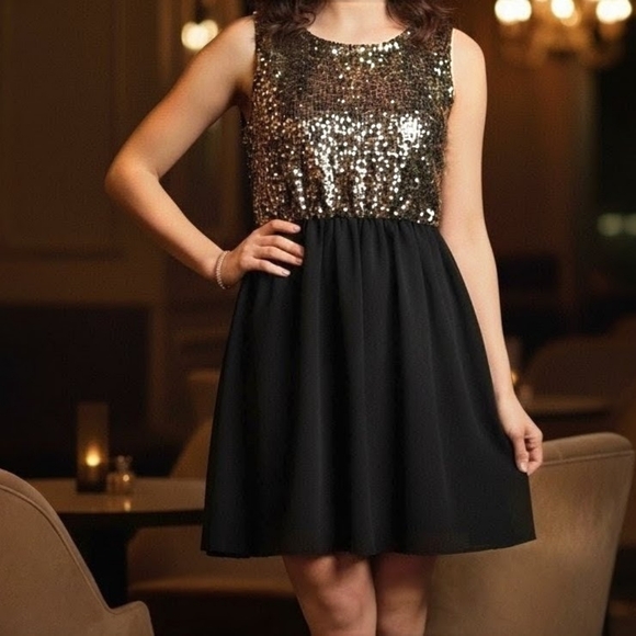 Sequin & Sheer Little Black Dress - Sleeveless Cocktail Party Mini - Size L - Picture 1 of 10